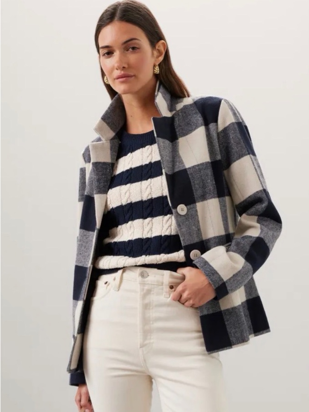 Splendid Ricki Navy and Cream Plaid Wool-Blend Blazer Small